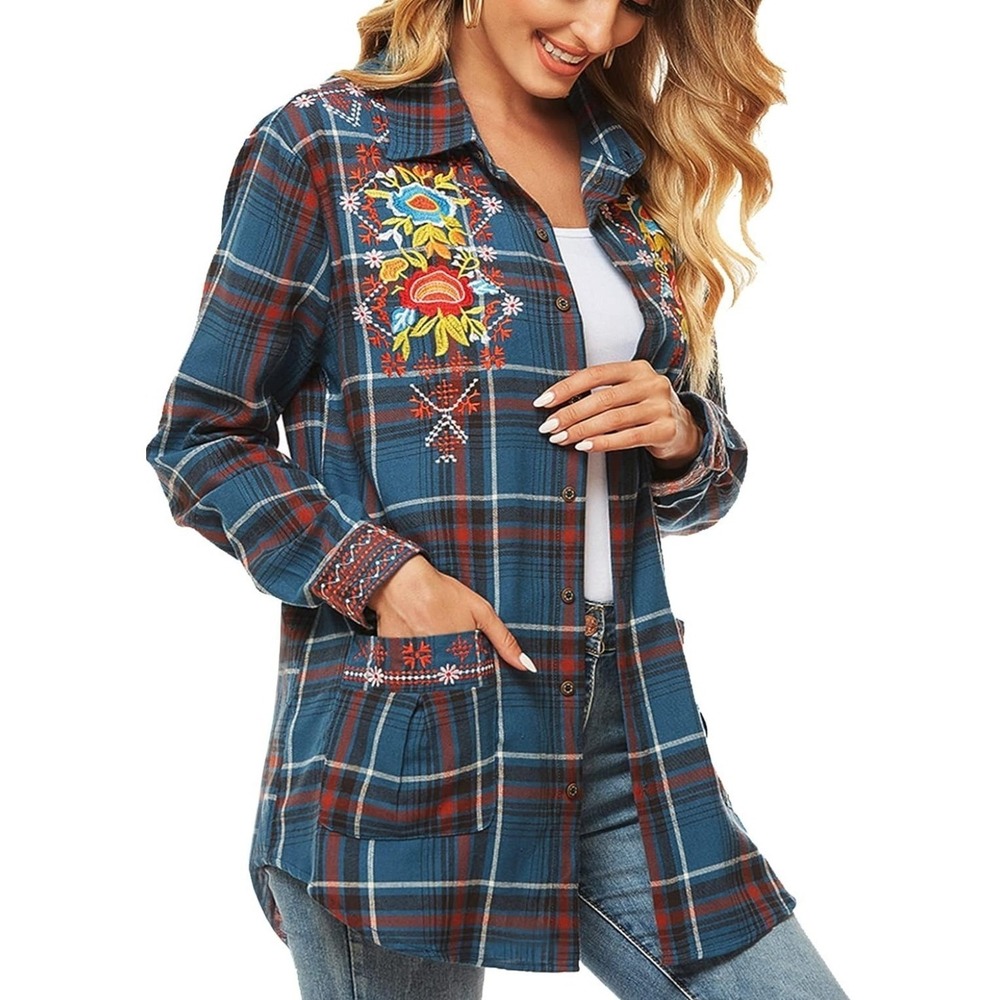 Women's Button Up Shirt Small Blue Plaid Embroidered Cotton floral artsy western